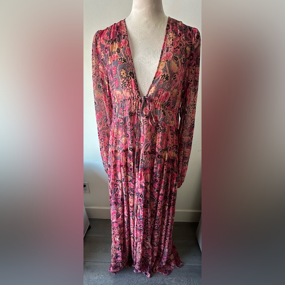 NWOT A.L.C. Boho Pink & Black Floral Flowy Maxi Dress M/L